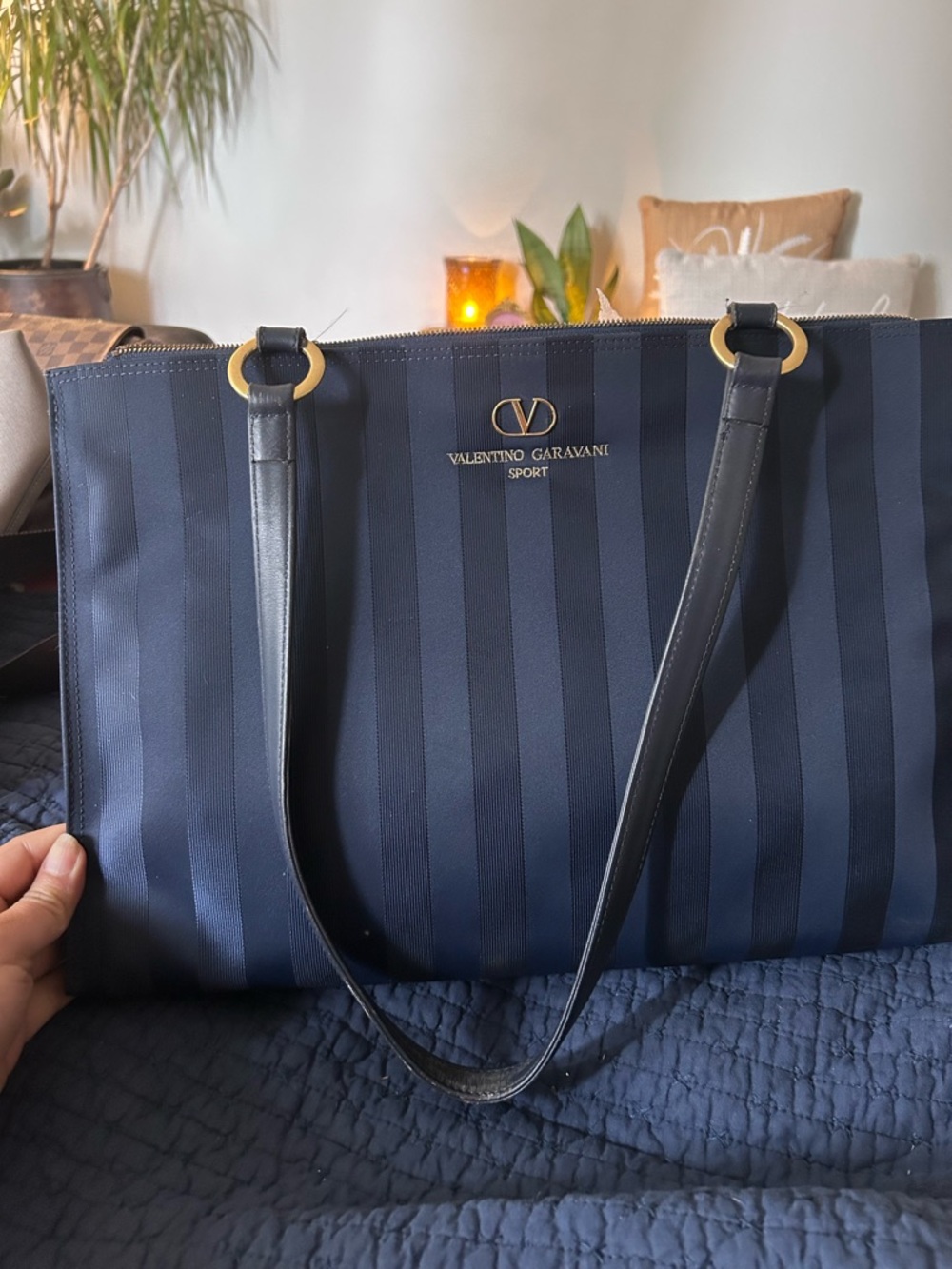 Valentino Garavani Navy Striped Sport Tote with Gold Hardware